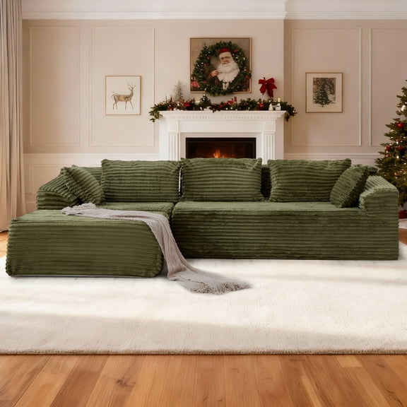 Korser 108" Sectional Couch with L-Shape Chaise Modular Corduroy Sofa for Living Room, No Assembly Required,Green