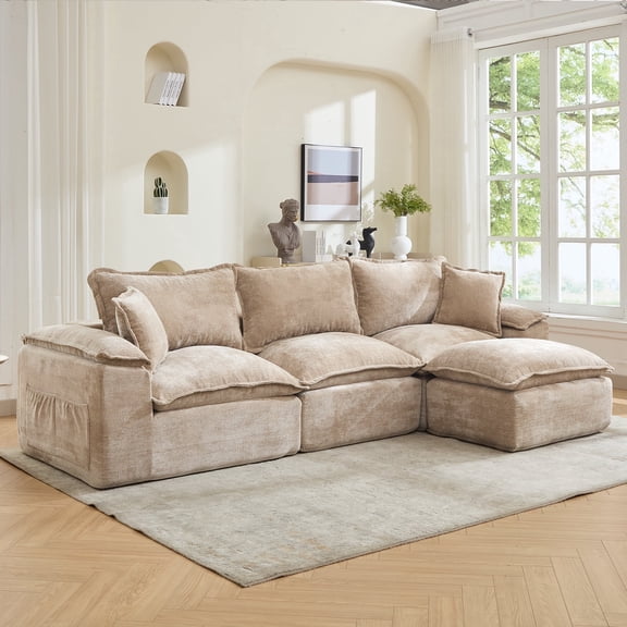 Korser Modular Sectional Sofa with Deep Seat Cozy Double-Layer Cushioned Sofa with Convertible Ottoman, Modern Comfy Cloud Couch 3-seat L-shaped Sofa for Living Room, No Assembly Required,Khaki