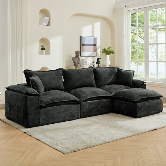 Korser 122" Modular Sectional Sofa with Deep Seat Cozy Double-Layer Cushioned Sofa with Convertible Ottoman, Modern Comfy Cloud Couch 3-seat L-shaped Sofa for Living Room, No Assembly Required,Grey