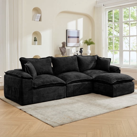 Korser Modular Sectional Sofa with Deep Seat Cozy Double-Layer Cushioned Sofa with Convertible Ottoman, Modern Comfy Cloud Couch 3-seat L-shaped Sofa for Living Room, No Assembly Required,Black