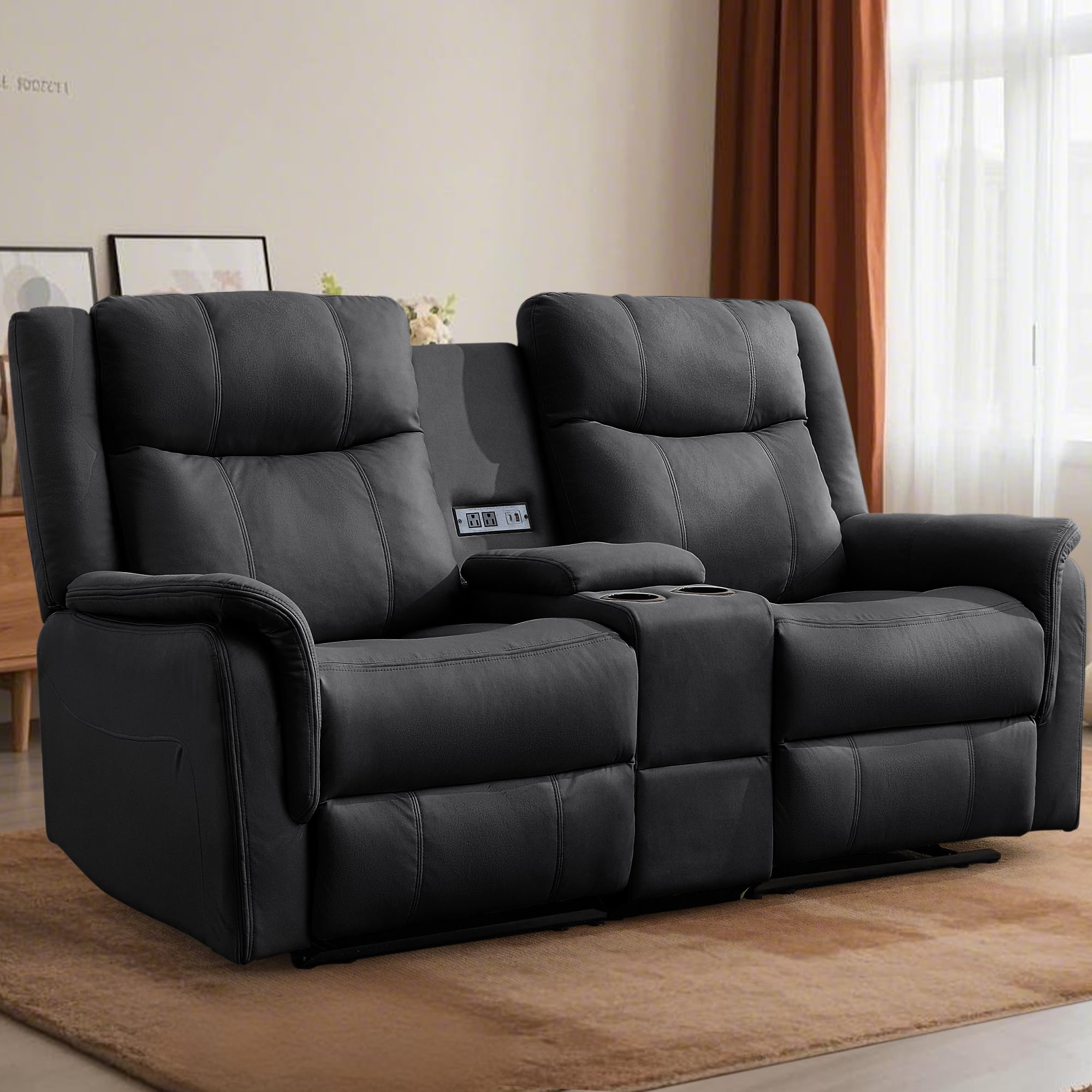 Korser 2-Seater Loveseat Recliner, Reclining Sofa with USB Ports, Cup Holders for Home Theater,Black