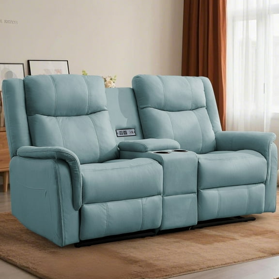 Korser 2-Seater Loveseat Recliner, Reclining Sofa with USB Ports, Cup Holders for Home Theater,Blue