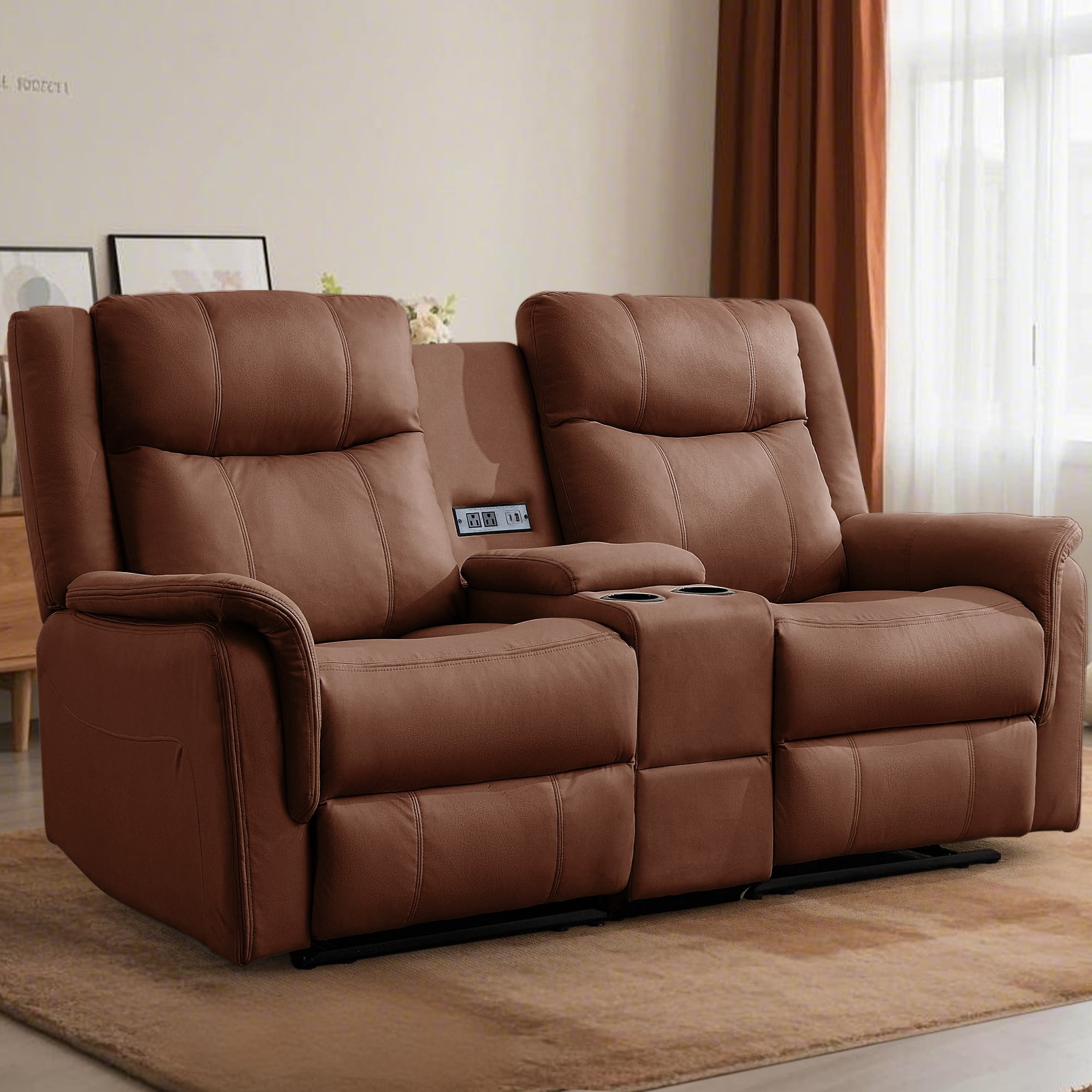 Korser 2-Seater Loveseat Recliner, Reclining Sofa with USB Ports, Cup Holders for Home Theater,Brown