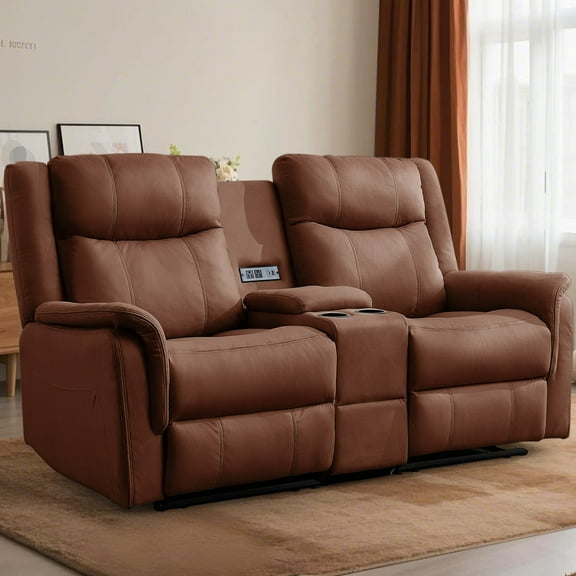 Korser 2-Seater Loveseat Recliner, Reclining Sofa with USB Ports, Cup Holders for Home Theater,Brown