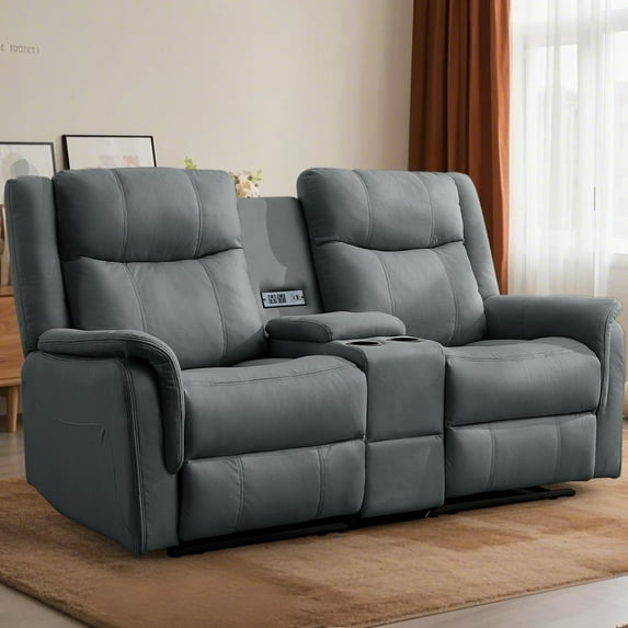 Korser 2-Seater Loveseat Recliner, Reclining Sofa with USB Ports, Cup Holders for Home Theater,Grey