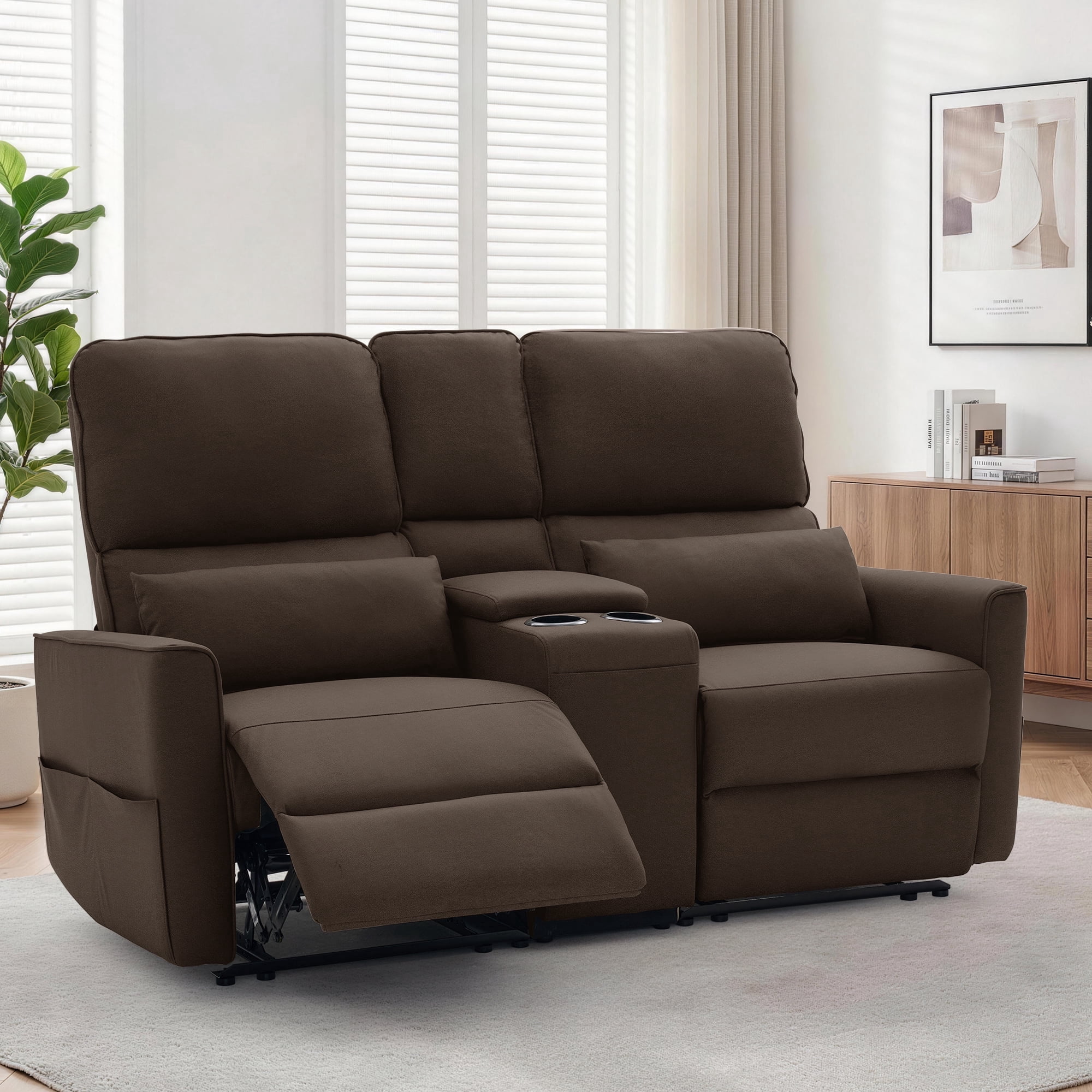 Korser 2-Seater Recliner Sofa with Pillow,Double Recliner Loveseat with Storage Console, Side Pockets, Cup Holders Manual Recliner Sofa for Living Room,Dark Brown