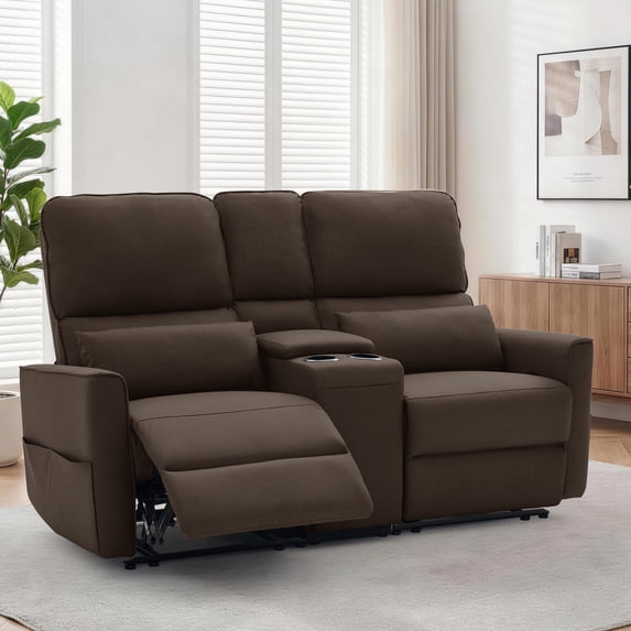 Korser 2-Seater Recliner Sofa with Pillow,Double Recliner Loveseat with Storage Console, Side Pockets, Cup Holders Manual Recliner Sofa for Living Room,Dark Brown