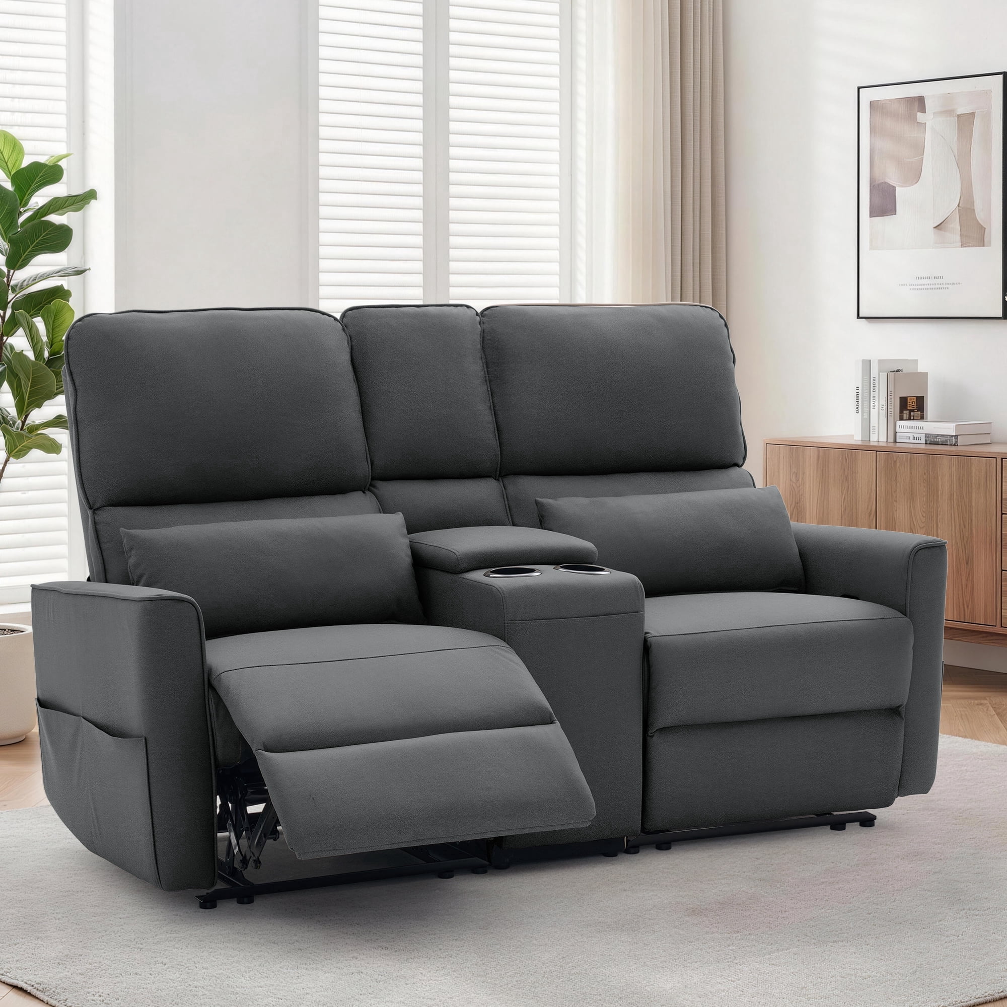 Korser 2-Seater Recliner Sofa with Pillow,Double Recliner Loveseat with Storage Console, Side Pockets, Cup Holders Manual Recliner Sofa for Living Room,Dark Grey