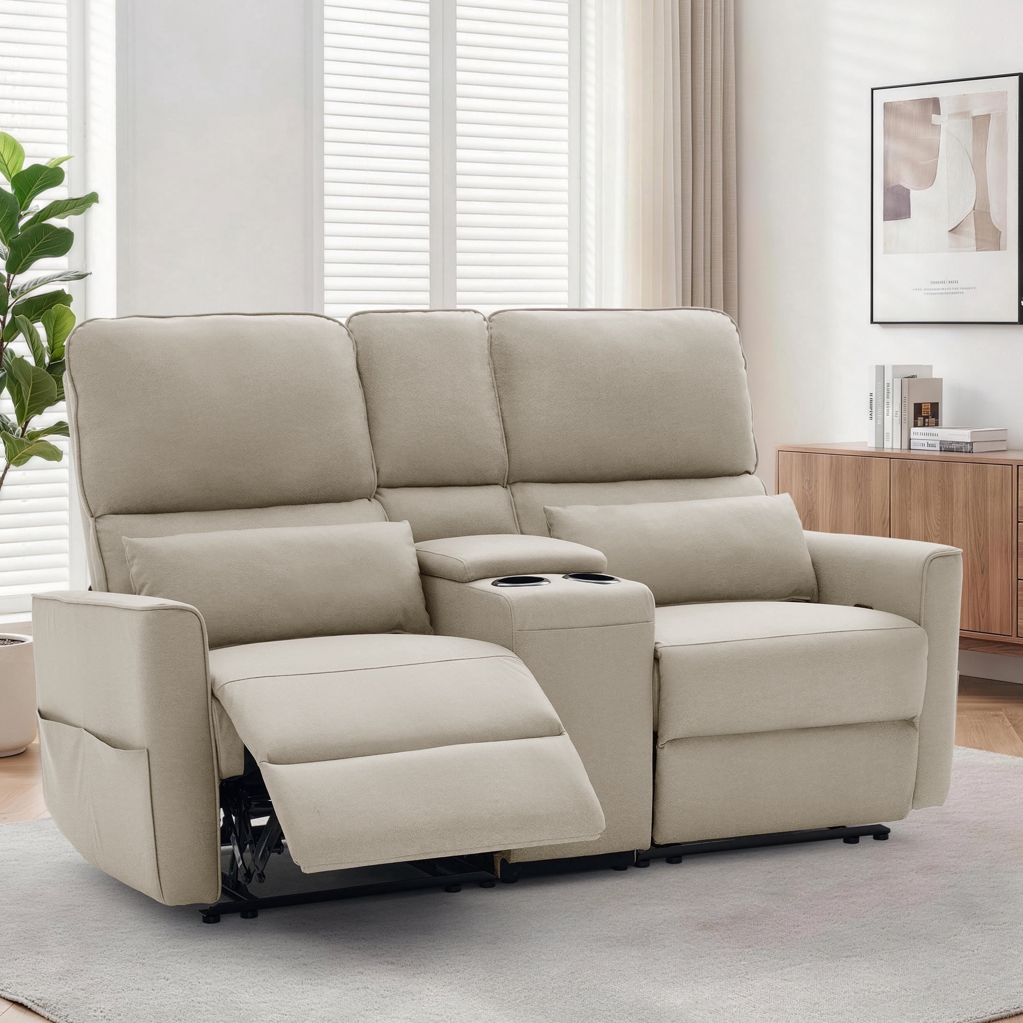Korser 2-Seater Recliner Sofa with Pillow,Double Recliner Loveseat with Storage Console, Side Pockets, Cup Holders Manual Recliner Sofa for Living Room,Khaki