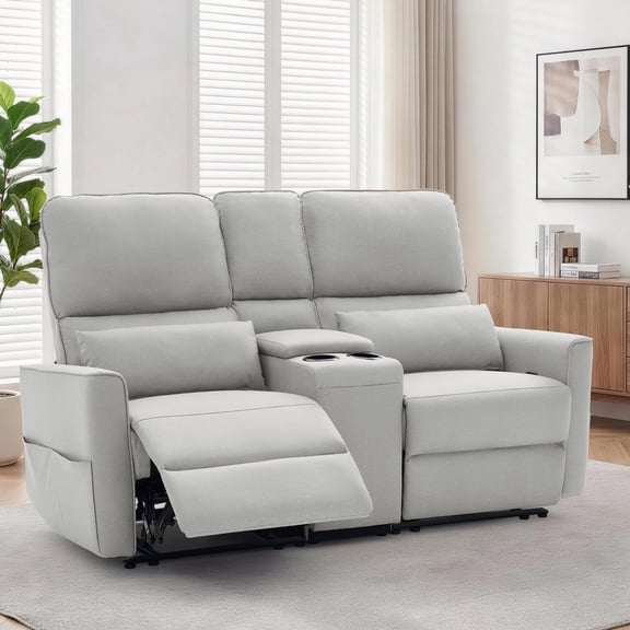 Korser 2-Seater Recliner Sofa with Pillow,Double Recliner Loveseat with Storage Console, Side Pockets, Cup Holders Manual Recliner Sofa for Living Room,Light Grey