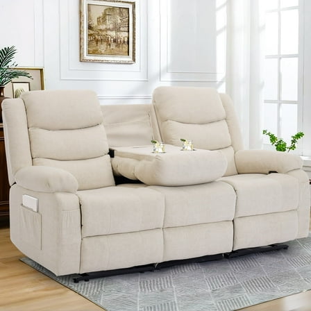 Korser 3-Seater Recling Couch with Cup Holders and Recessed Power Strip Recliner Loveseat with Console Recliner Sofa with Pull-Down Table,Beige