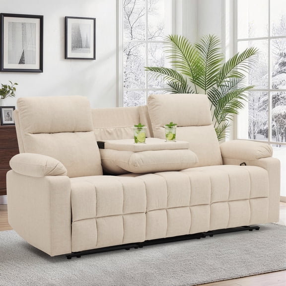 Korser 3-Seater Manual Recliner Sofa with Cup Holders and Recessed Power Strip,Reclining Couch with Pull-Down Table Reclining Sofa Chair for Living Room,Beige