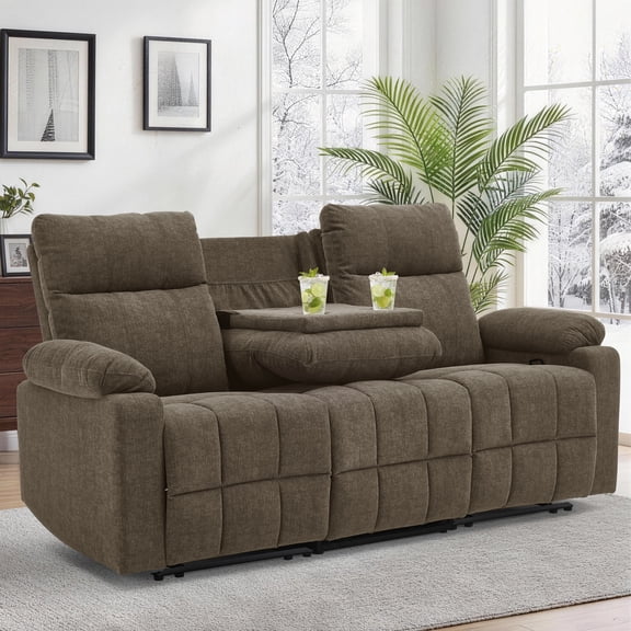 Korser 3-Seater Manual Recliner Sofa with Cup Holders and Recessed Power Strip,Reclining Couch with Pull-Down Table Reclining Sofa Chair for Living Room,Brown
