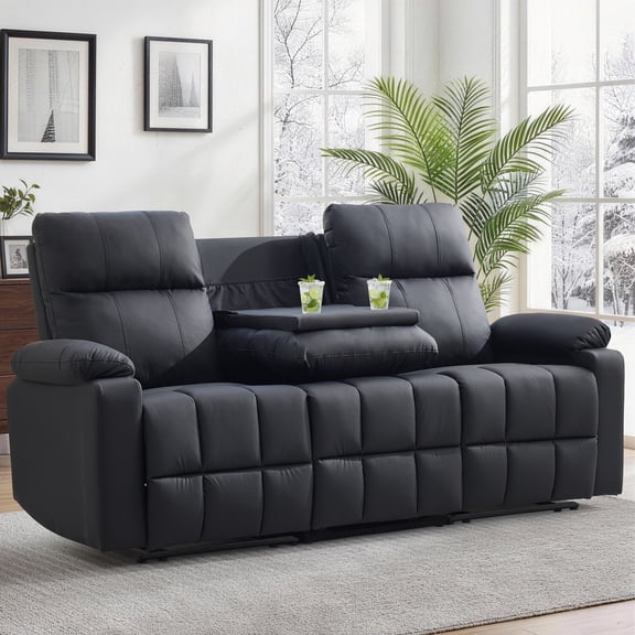 Korser 3-Seater Manual Recliner Sofa with Cup Holders and Recessed Power Strip,Reclining Couch with Pull-Down Table Reclining Sofa Chair for Living Room,Faux Leather,Black