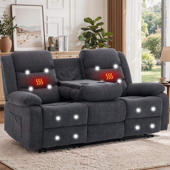 Korser 3 Seater Recliner Couch with Massage and Heating,Manual Recliner Sofa with Pull-Down Table & Recessed Power Strip for Living Room & Home Theater,Grey