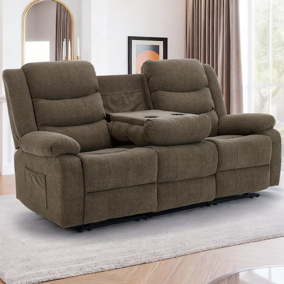 Korser 3-Seater Reclining Sofa with Flip Middle Backrest,Manual Loveseat Recliner with Cup Holders and Recessed Power Strip for Living Room,Brown
