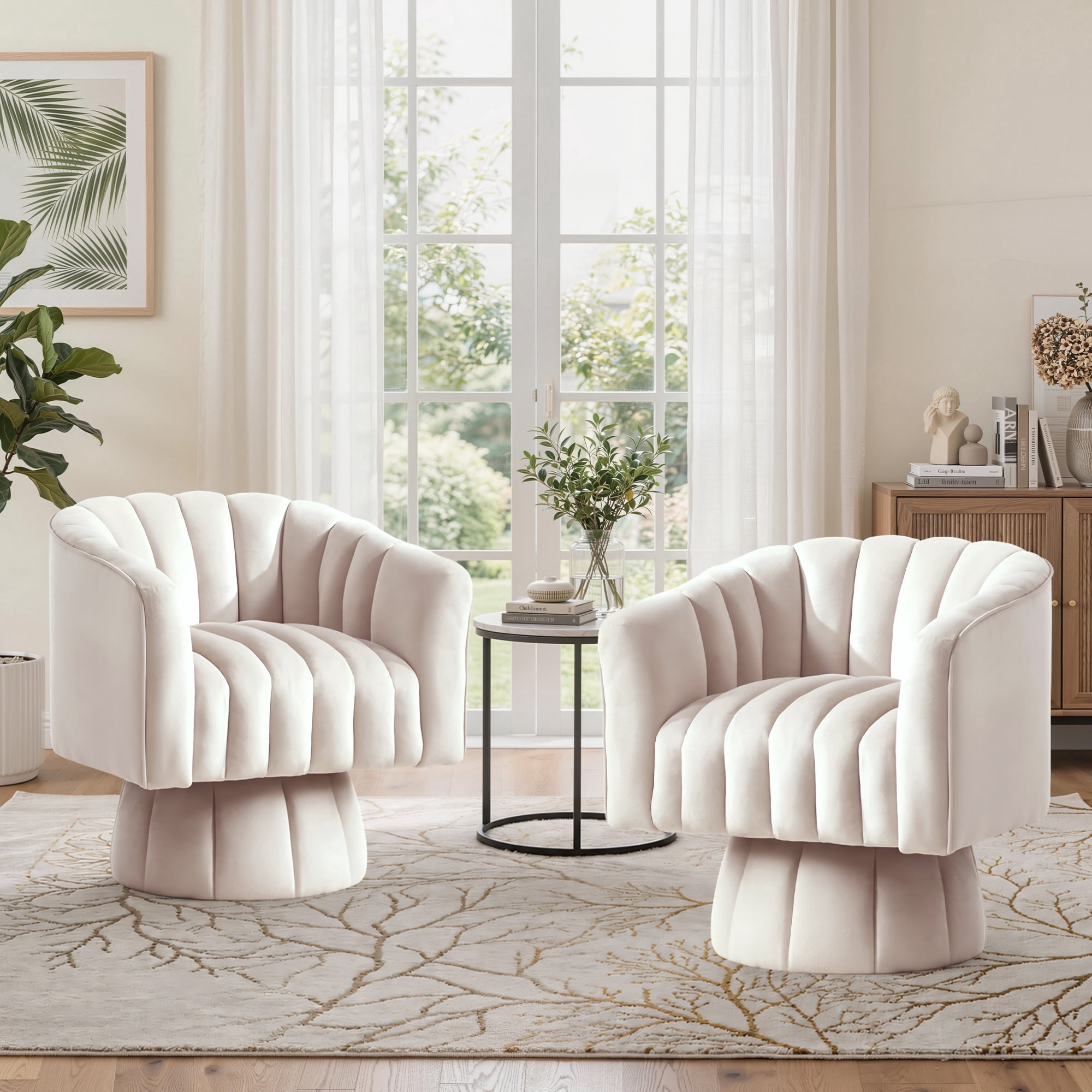 Korser 360° Swivel Accent Chair Set of 2,Modern Velevt Upholstered Barrel Swivel Chair for Living Room,Bedroom,Beige