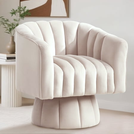 Korser 360° Swivel Accent Chair with Velvet Upholstered Swivel Barrel Chairs for Living Room, Bedroom,Beige