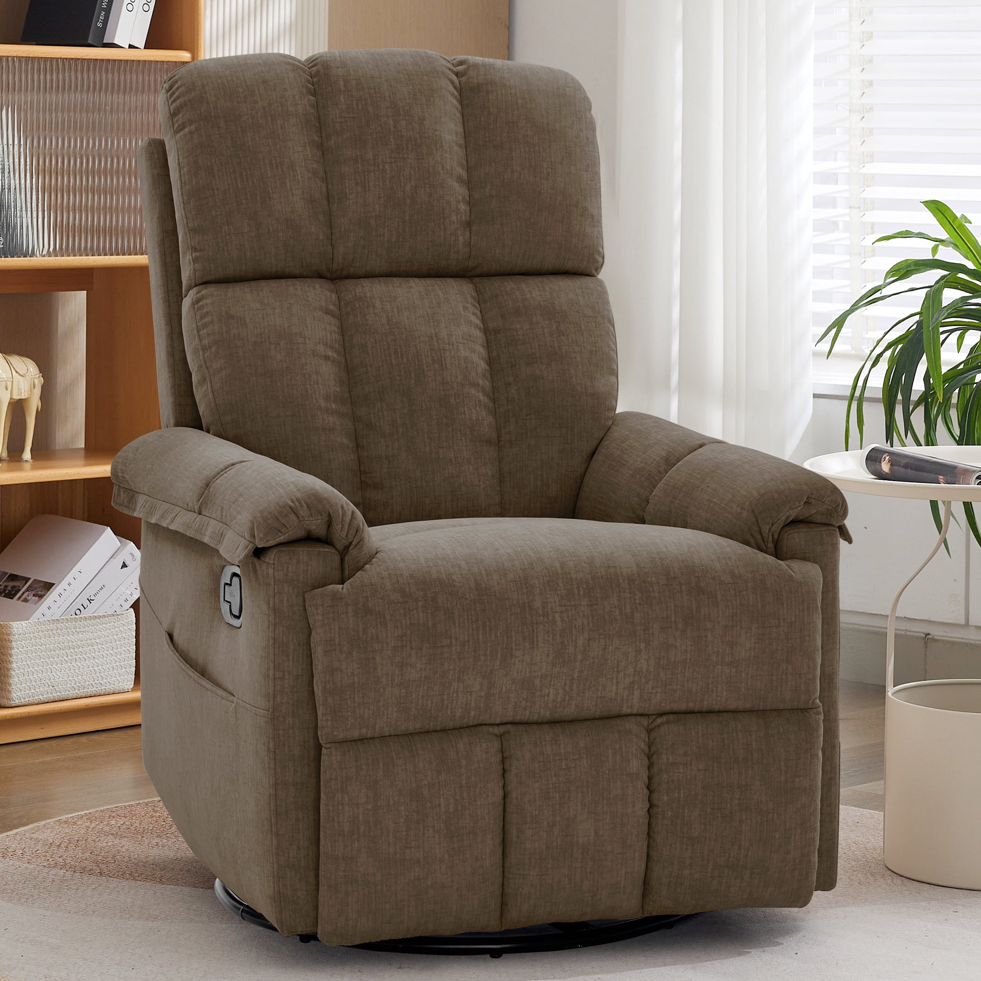 Korser 360°Swivel Recliner Chair for Adults with Side Pockets,Small Rocking Recliner for Small Spaces for Living Room,Nursery,Brown