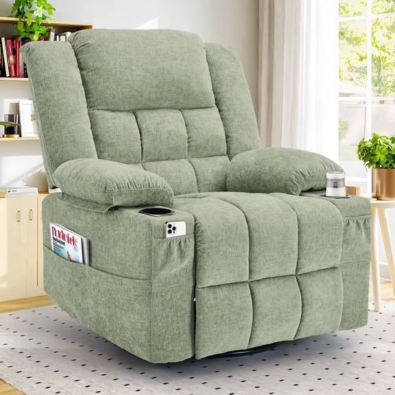 Korser 360°Swivel Rocker Recliner for Adults with Massage and Heating,Manual Recliner Chair with Side Pockets Nursery Glider Recliner with Cup Holders for Living Room,Chenille,Green