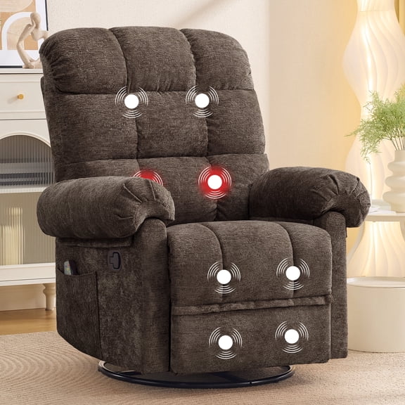 Korser 360°Swivel Rocker Recliner Chair with Massage and Heat,Small Recliners for Small Space,Rocking Chair Nursery with Side Pockets for Living Room,Chenille,Brown