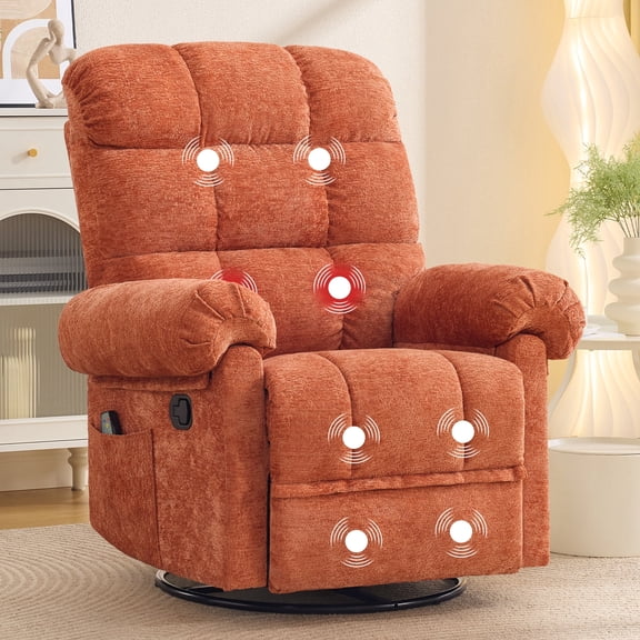 Korser 360°Swivel Rocker Recliner Chair with Massage and Heat,Small Recliners for Small Space,Rocking Chair Nursery with Side Pockets for Living Room,Chenille,Orange