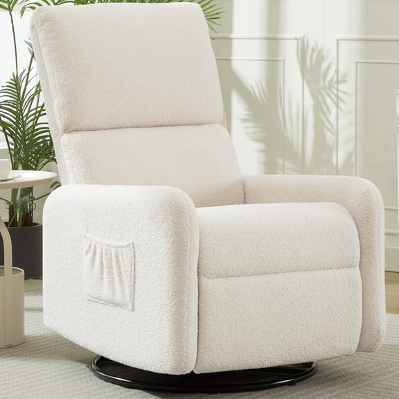 Korser 360 Swivel Glider Chair for Small Spaces, Sherpa with Side Pocket Rocking Chair for Living Room,Beige