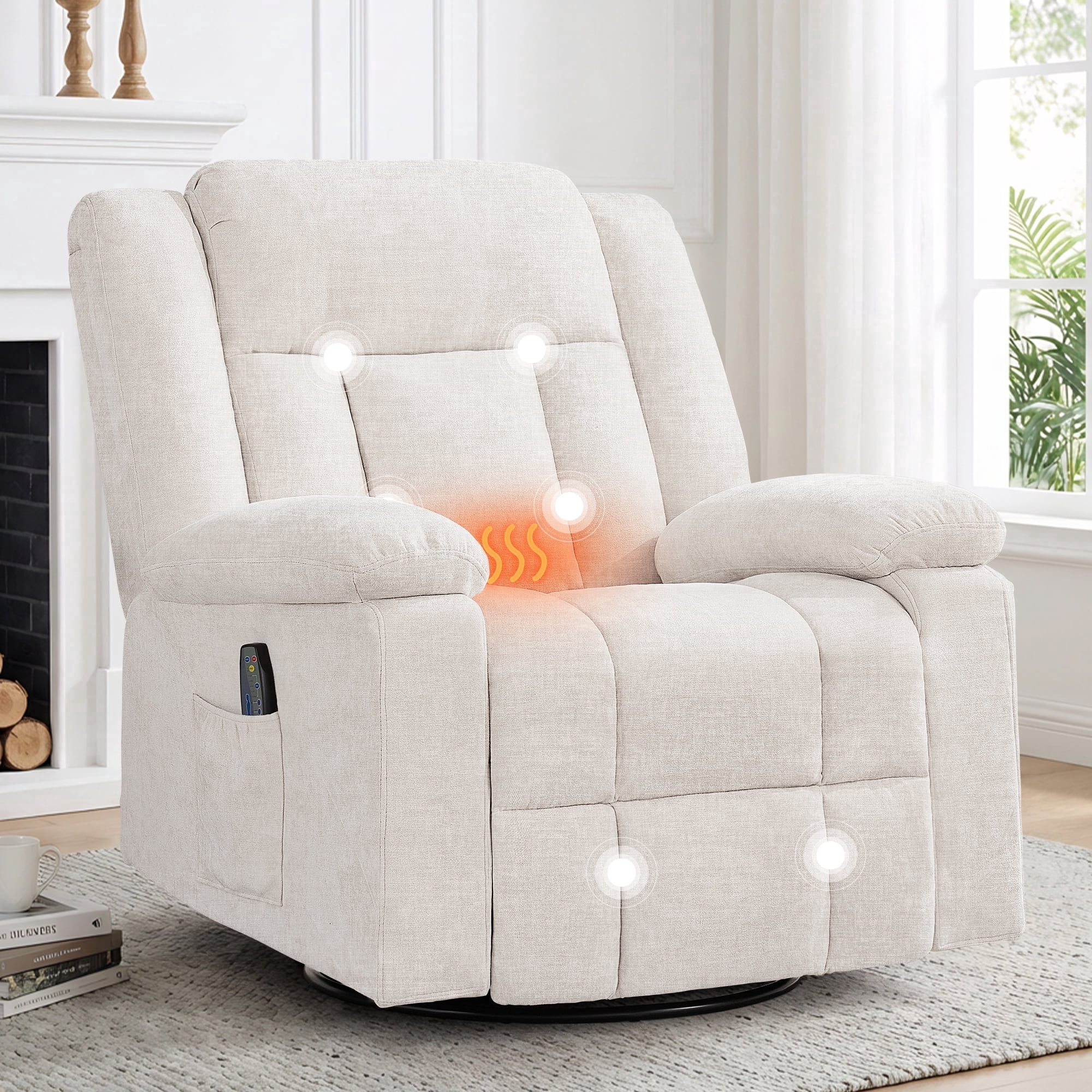 Korser 360°Swivel Rocker Recliner with Massage and Heating,Rocker Recliner Chair for Adults with Side Pockets Nursery Glider Recliner for Living Room,Chenille,Beige