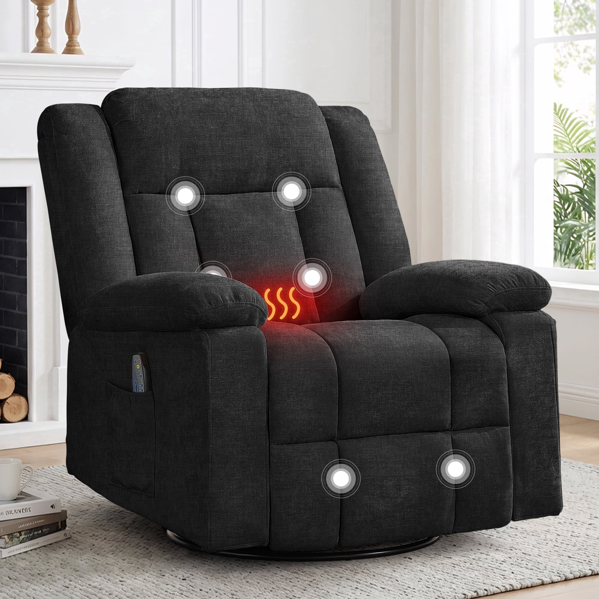 Korser 360°Swivel Rocker Recliner with Massage and Heating,Rocker Recliner Chair for Adults with Side Pockets Nursery Glider Recliner for Living Room,Chenille,Black