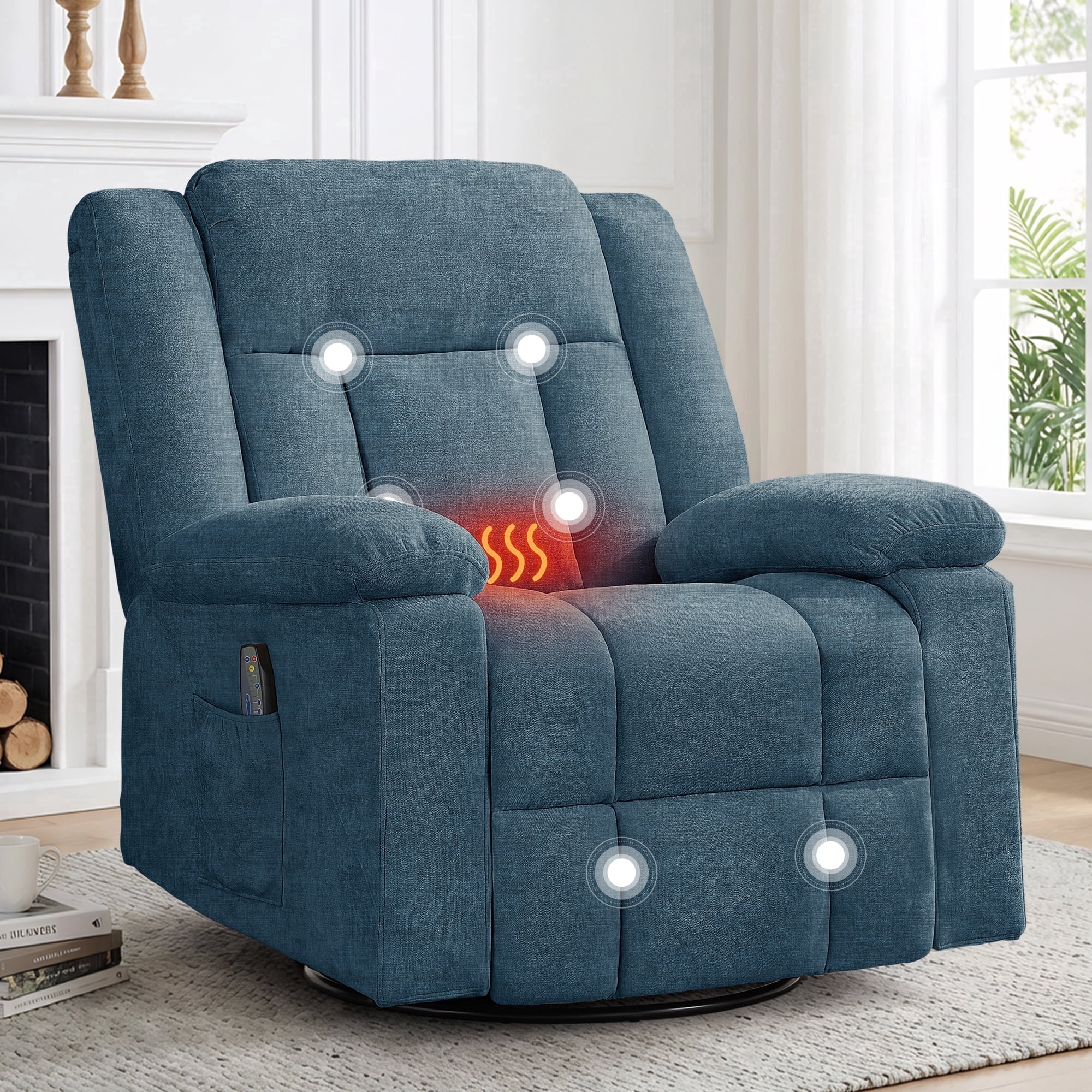 Korser 360°Swivel Rocker Recliner with Massage and Heating,Rocker Recliner Chair for Adults with Side Pockets Nursery Glider Recliner for Living Room,Chenille,Blue