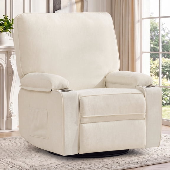 Korser 360°Swivel Rocker Recliner with Cup Holder,Nursery Rocking Chairs for Adults with Side Pockets Manual Recliner for Living Room,Chenille,Beige