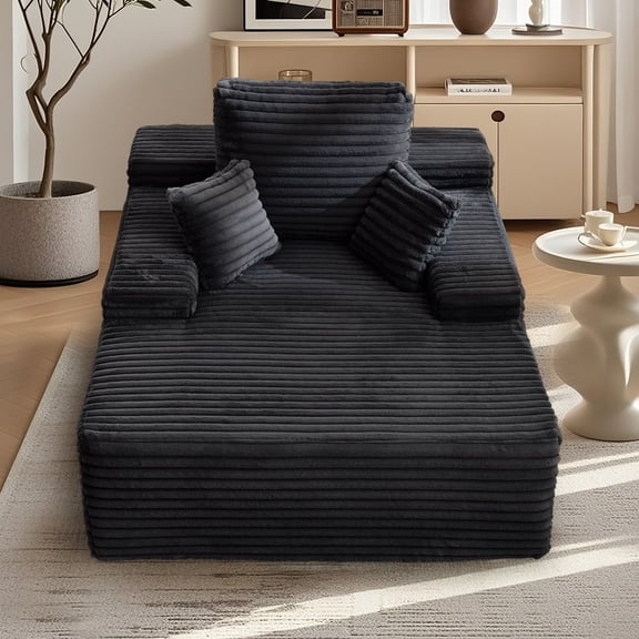 Korser 63.7'' Oversized Boneless Chaise Lounge Chair with Throw Pillows and Armrests Corduroy Upholstered Sofa Bed for Living Room,Black