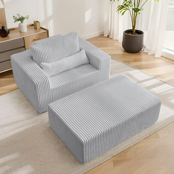 Korser 74''Corduroy Sponge Sofa Lounge Chair with Removable Footrest Fluffy Modern Sleeper Chair for Living Room Bedroom,Grey