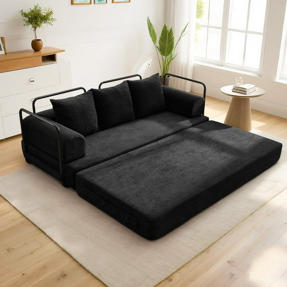 Korser 75.98'' Convertible Sofa Bed with Pillows Modular Floor Sofa with Fixed-Shape Frame Chenille Removable Folding Mattress Couch for Living Room,Bedroom,Black