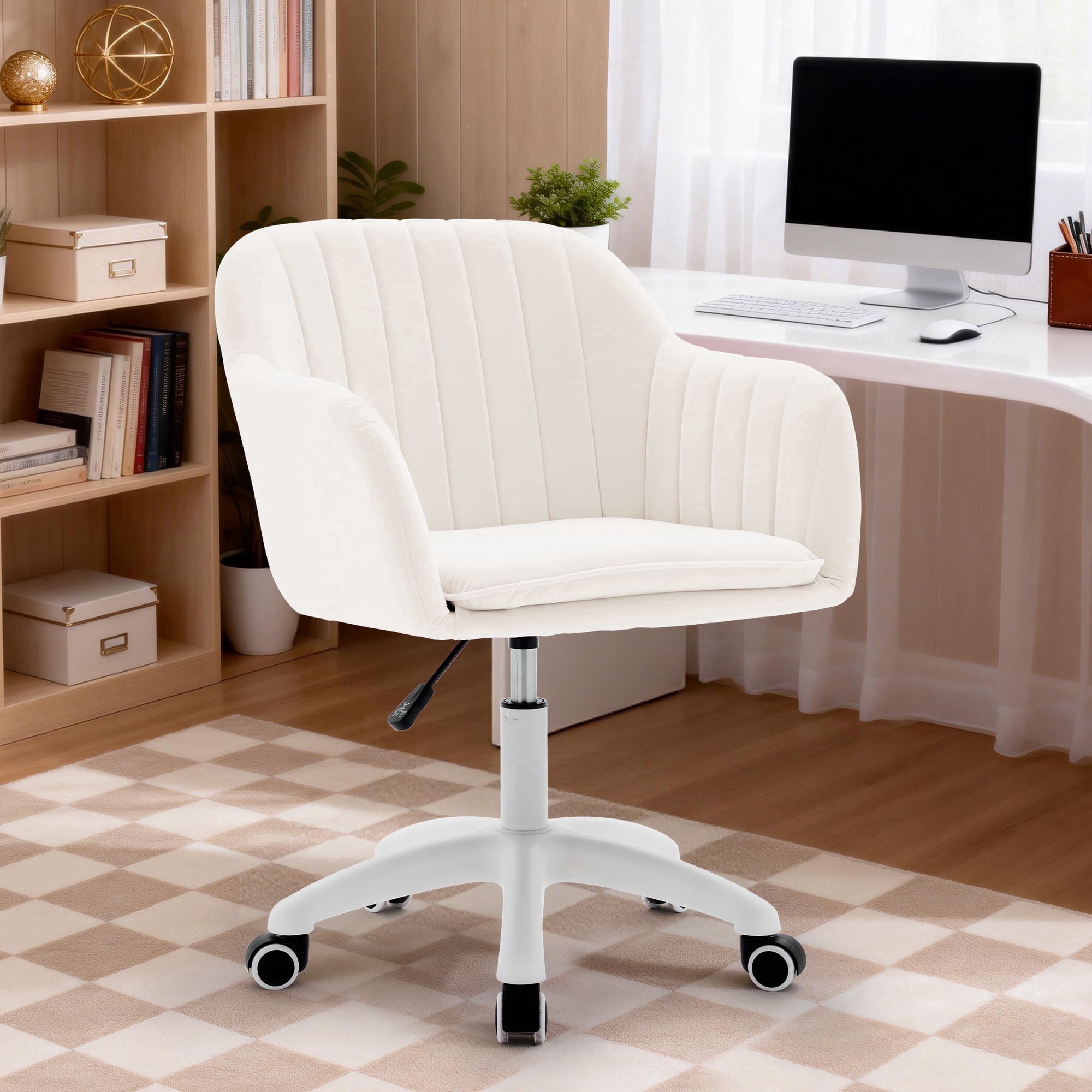 Korser Adjustable High Vanity Chair with Pillow Velvet Swivel Desk Chair with Wheels,Space-Saving Makeup Computer Chair,Home Office Desk Chair,Beige