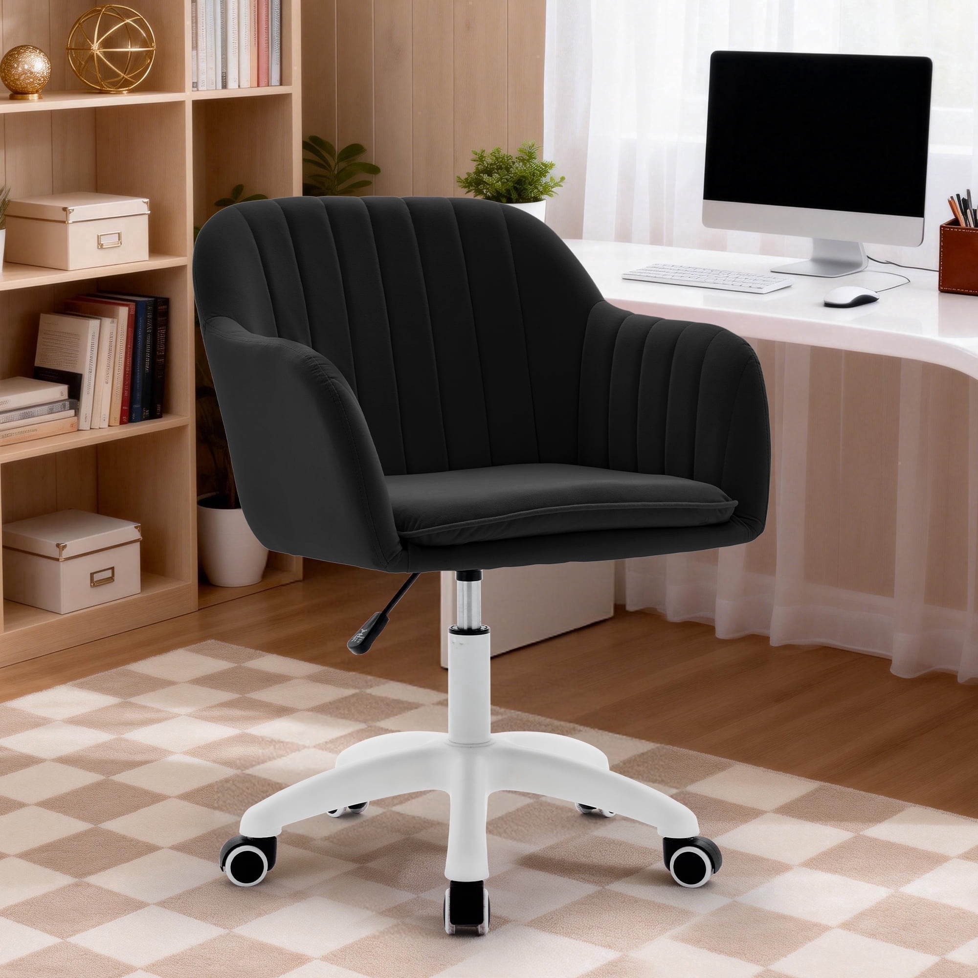 Korser Adjustable High Vanity Chair with Pillow Velvet Swivel Desk Chair with Wheels,Space-Saving Makeup Computer Chair,Home Office Desk Chair,Black