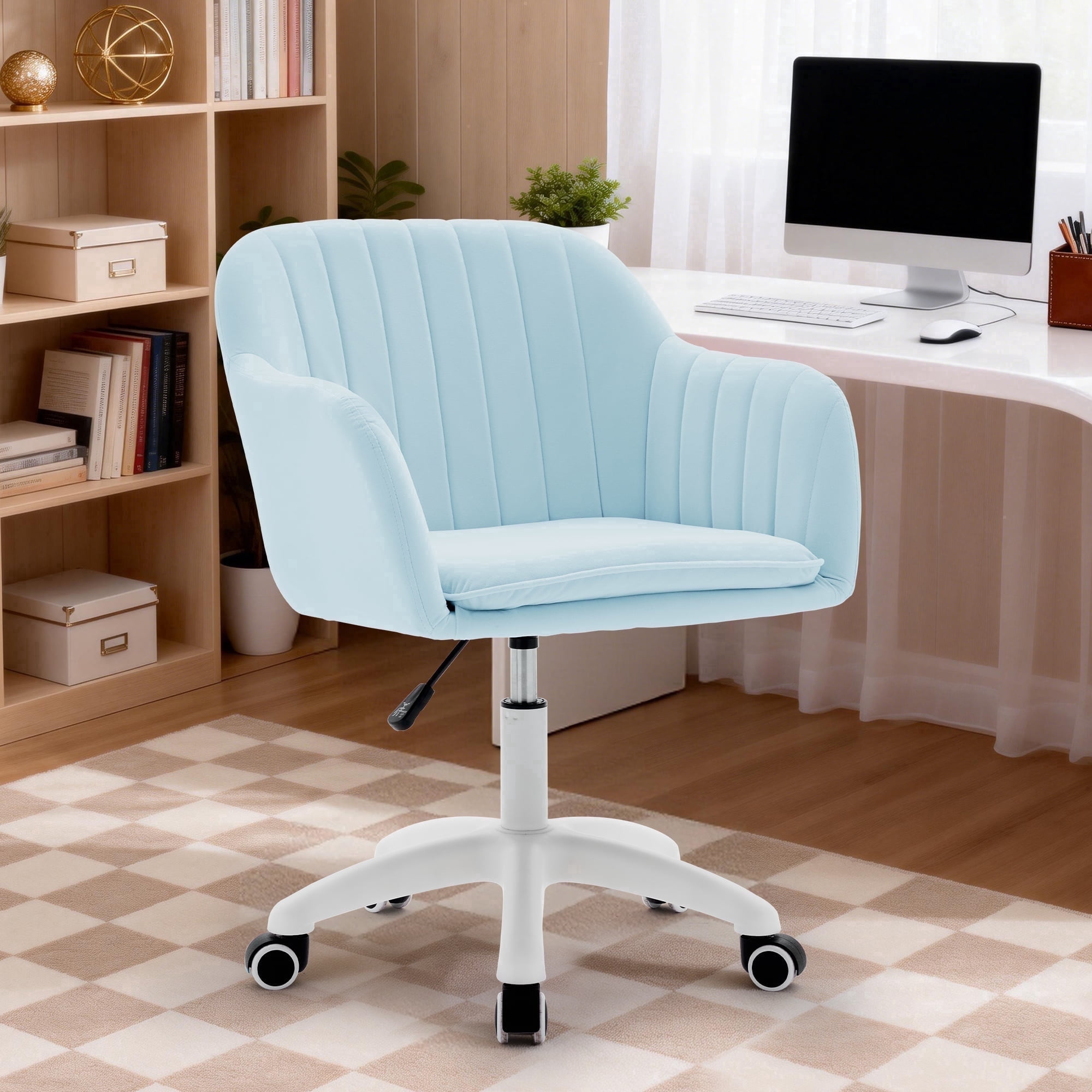 Korser Adjustable High Vanity Chair with Pillow Velvet Swivel Desk Chair with Wheels,Space-Saving Makeup Computer Chair,Home Office Desk Chair,Blue