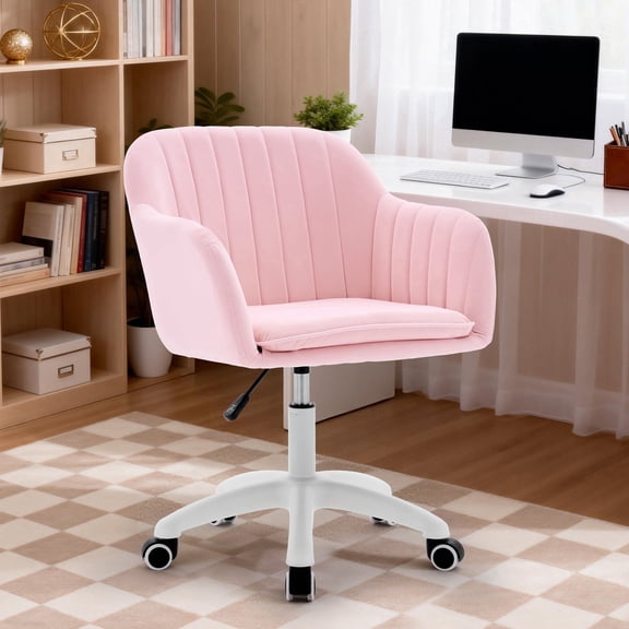 Korser Adjustable High Vanity Chair with Pillow Velvet Swivel Desk Chair with Wheels,Space-Saving Makeup Computer Chair,Home Office Desk Chair,Pink
