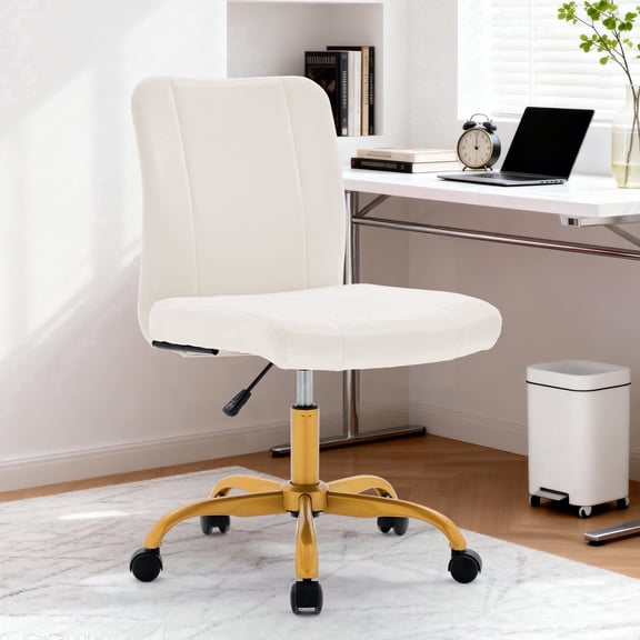 Korser Armless Home Office Desk Chair with Back Modern Vanity Chair with Adjustable Height,360° Swivel Task Chair,Velvet,Beige