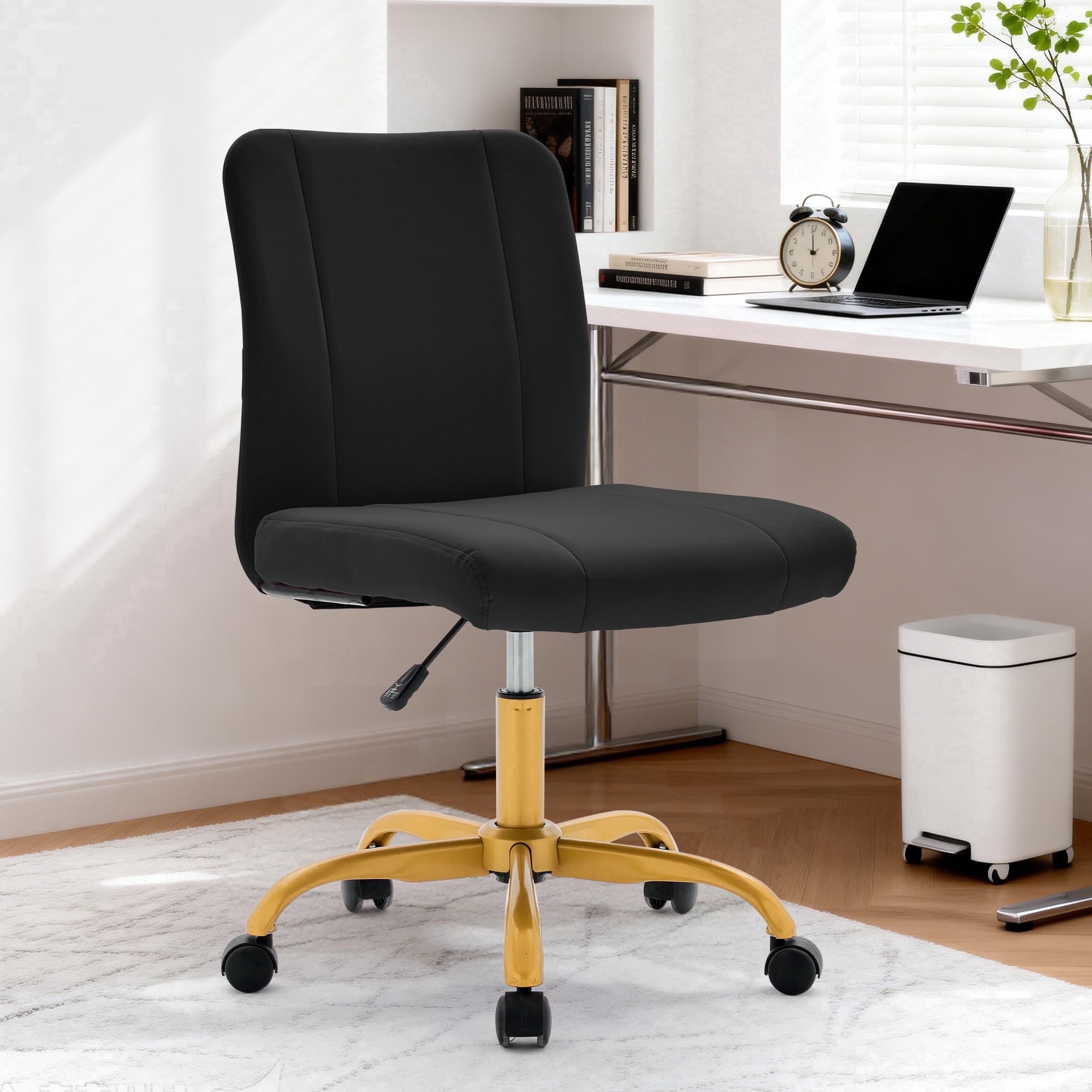 Korser Armless Home Office Desk Chair with Back Modern Vanity Chair with Adjustable Height,360° Swivel Task Chair,Velvet,Black