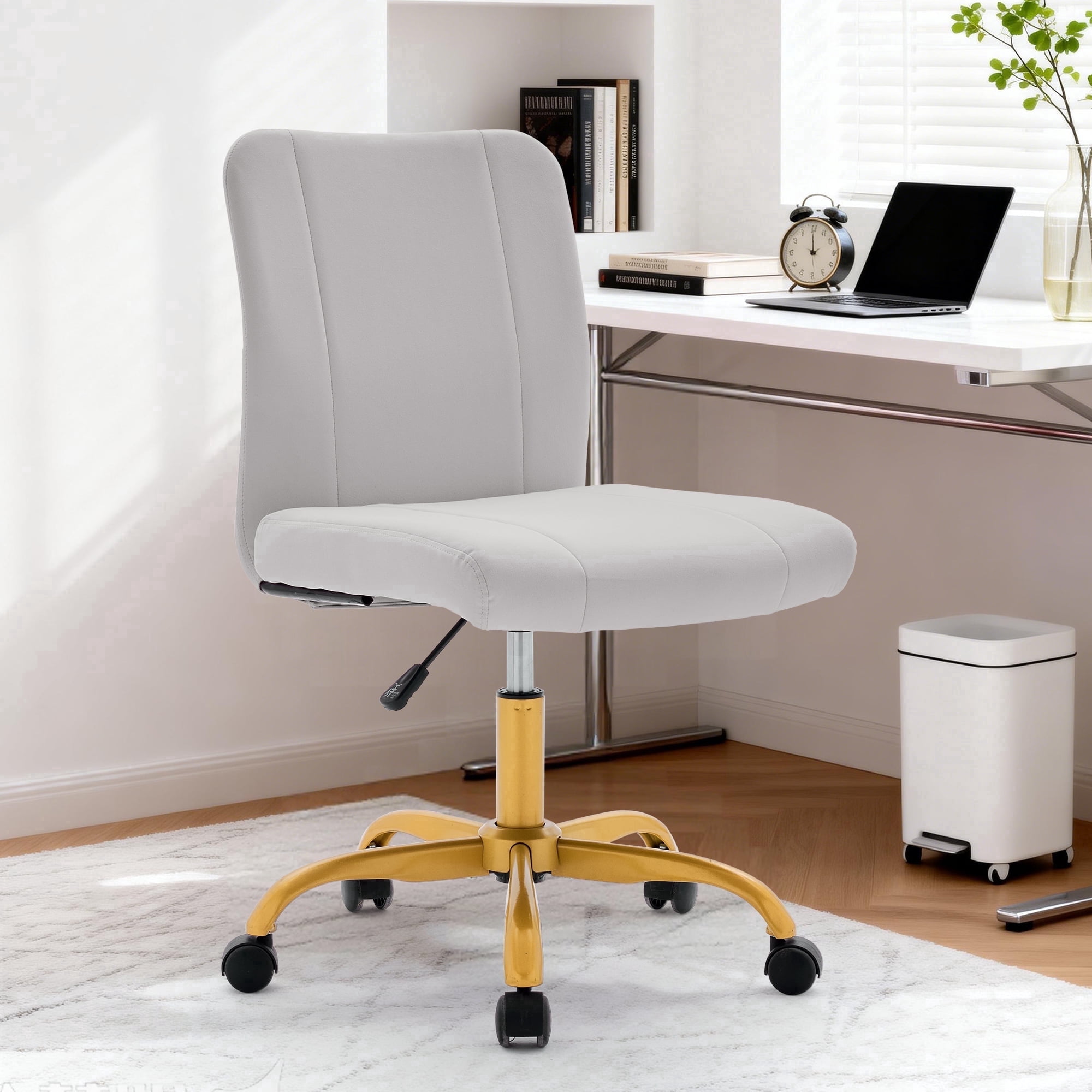 Korser Armless Home Office Desk Chair with Back Modern Vanity Chair with Adjustable Height,360° Swivel Task Chair,Velvet,Grey