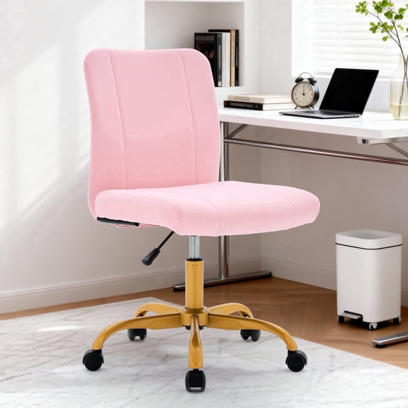Korser Armless Home Office Desk Chair with Back Modern Vanity Chair with Adjustable Height,360° Swivel Task Chair,Velvet,Pink