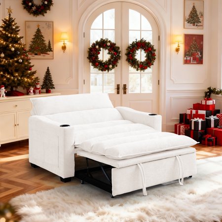 Korser Convertible Sleeper Chair Bed, 3-in-1 Pull Out Sofa Chair with Adjustable Backrest, Cup Holders, Side Pockets for Living Room, Beige