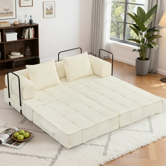 Korser Corduroy Folding Mattress Couch with Fixed-Shape Frame Convertible Modular Floor Sleeper Sofa with Pillows Love Seat Sofa Bed for Living Room Small Spaces,No Assembly,Beige