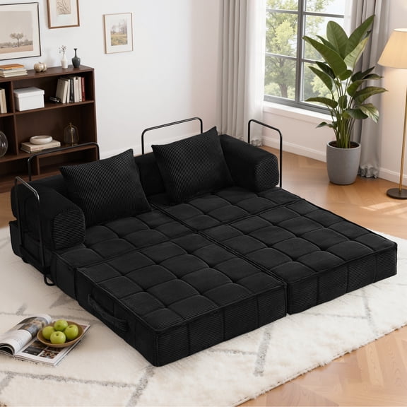 Korser Corduroy Folding Mattress Couch with Fixed-Shape Frame Convertible Modular Floor Sleeper Sofa with Pillows Love Seat Sofa Bed for Living Room Small Spaces,No Assembly,Black
