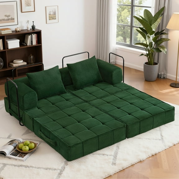 Korser Corduroy Folding Mattress Couch with Fixed-Shape Frame Convertible Modular Floor Sleeper Sofa with Pillows Love Seat Sofa Bed for Living Room Small Spaces,No Assembly,Green