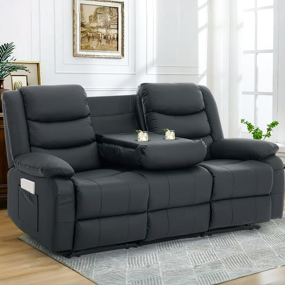 Korser 3-Seater Recling Couch with Cup Holders and Recessed Power Strip Recliner Loveseat with Console Recliner Sofa with Pull-Down Table,Black