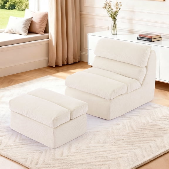 Korser Floor Sofa for Adults with Ottoman Fireside Chair Sofa Lounger Leisure with Backrest Accent Armless Single Couch for Living Room,No Assembly Required,Corduroy,Beige