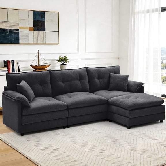Korser L Shaped Modern Sofa with Movable Ottoman Convertible Modular Sectional Cloud Couch with Deep Seat & Pillow,Chenille 3-Seat Couches for Living Room,Assembly Required,Dark Grey