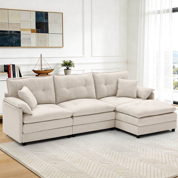 Korser L Shaped Modern Sofa with Movable Ottoman Convertible Modular Sectional Cloud Couch with Deep Seat & Pillow,Chenille 3-Seat Couches for Living Room,Assembly Required,Beige